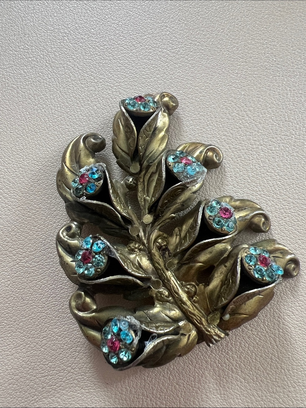 Vintage Antique Brass Leaf Brooch Blue Pink Rhinestone Flower Cluster Pin